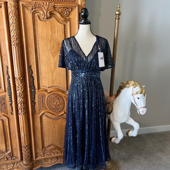 NWT Mac Duggal 14007 Embellished Short Sleeve Empire Waist Dress 6 Blue A-line - Picture 4 of 12